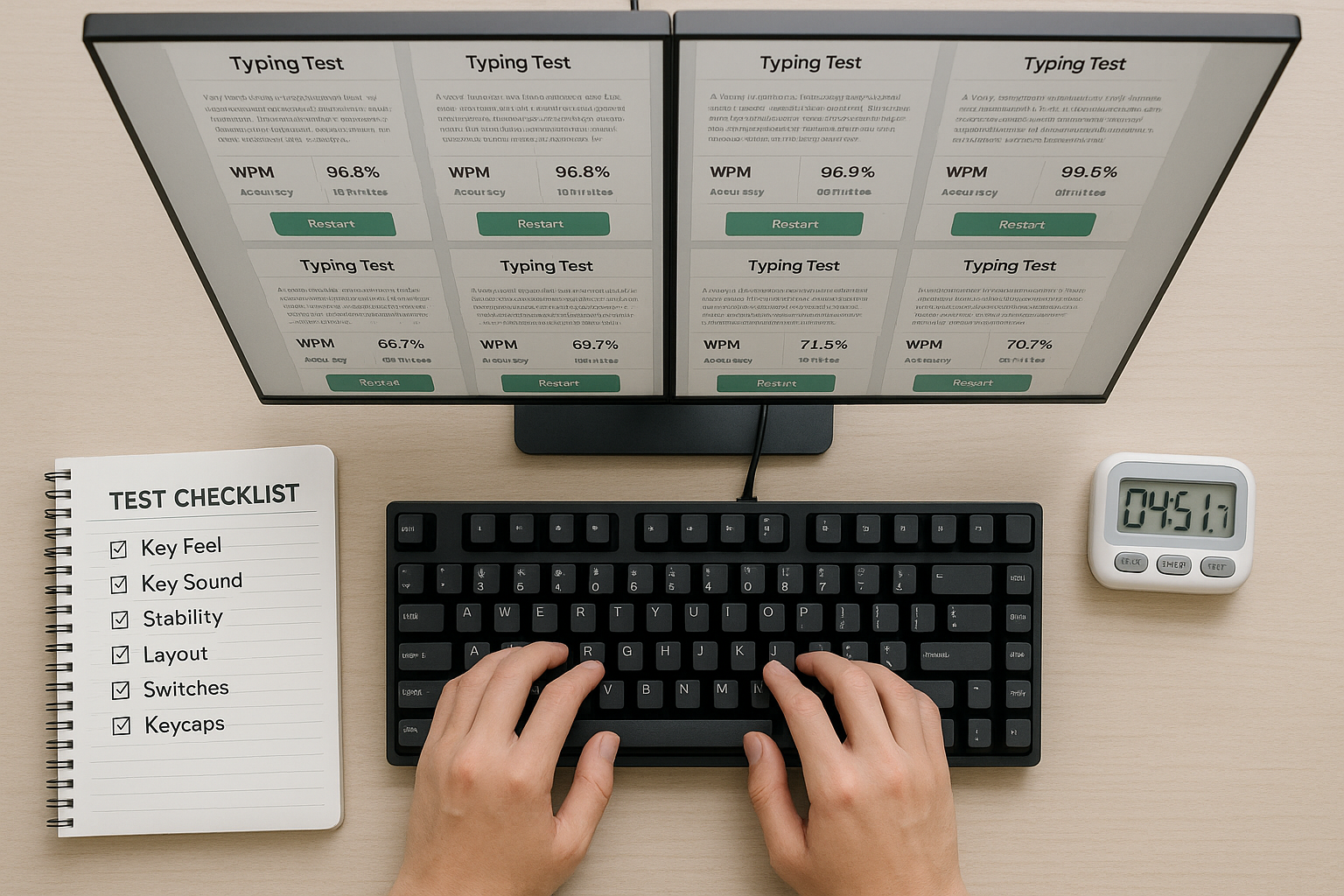 Overhead keyboard test session with checklist and repeated run tracking