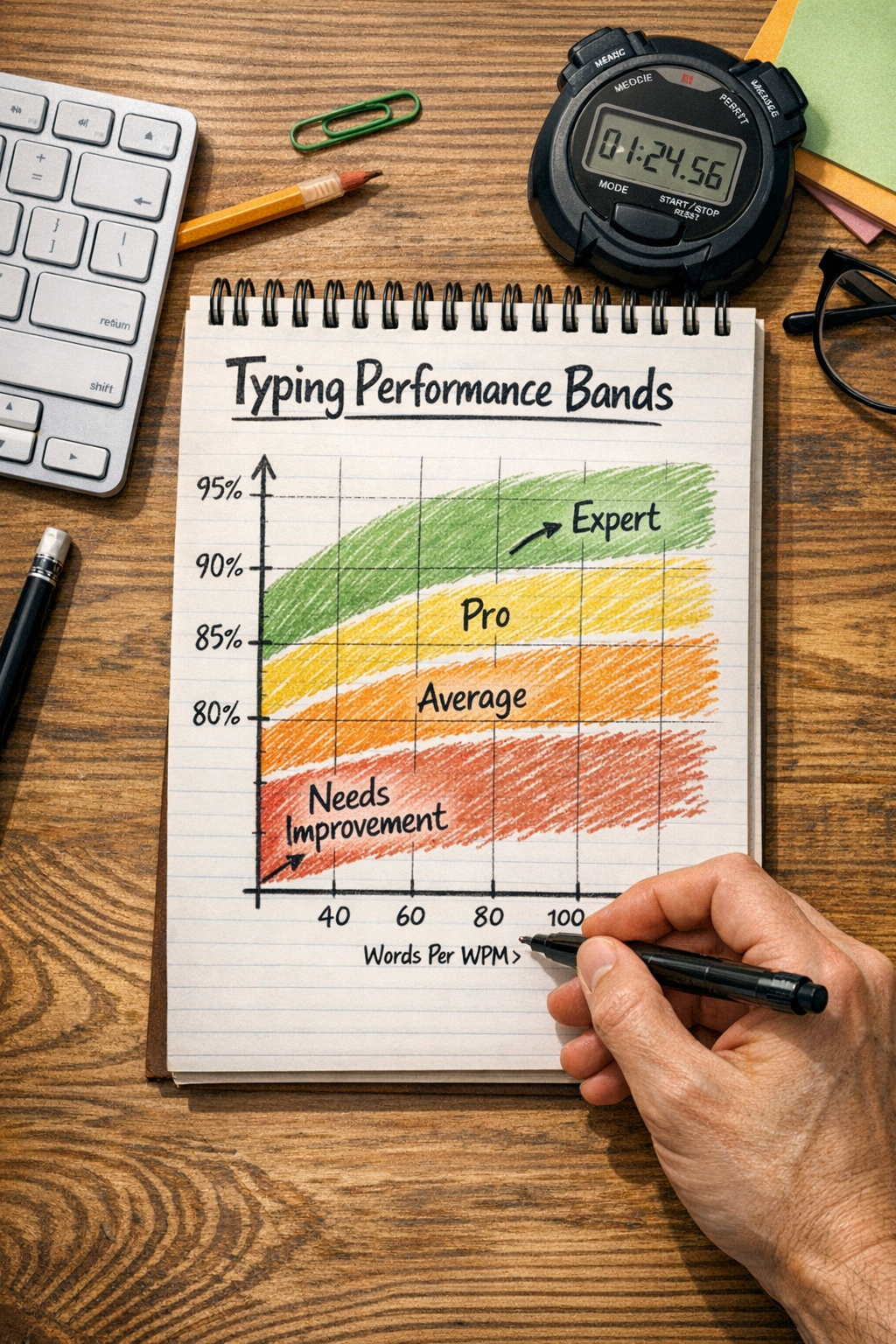 Notebook and keyboard scene illustrating typing performance accuracy zones