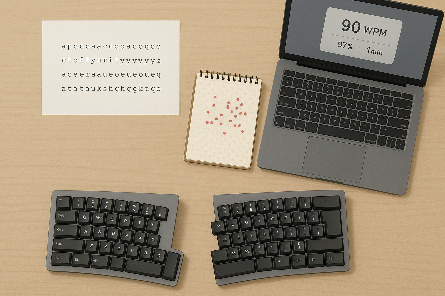 Desk setup with typing diagnostics notes and speed type test session stats