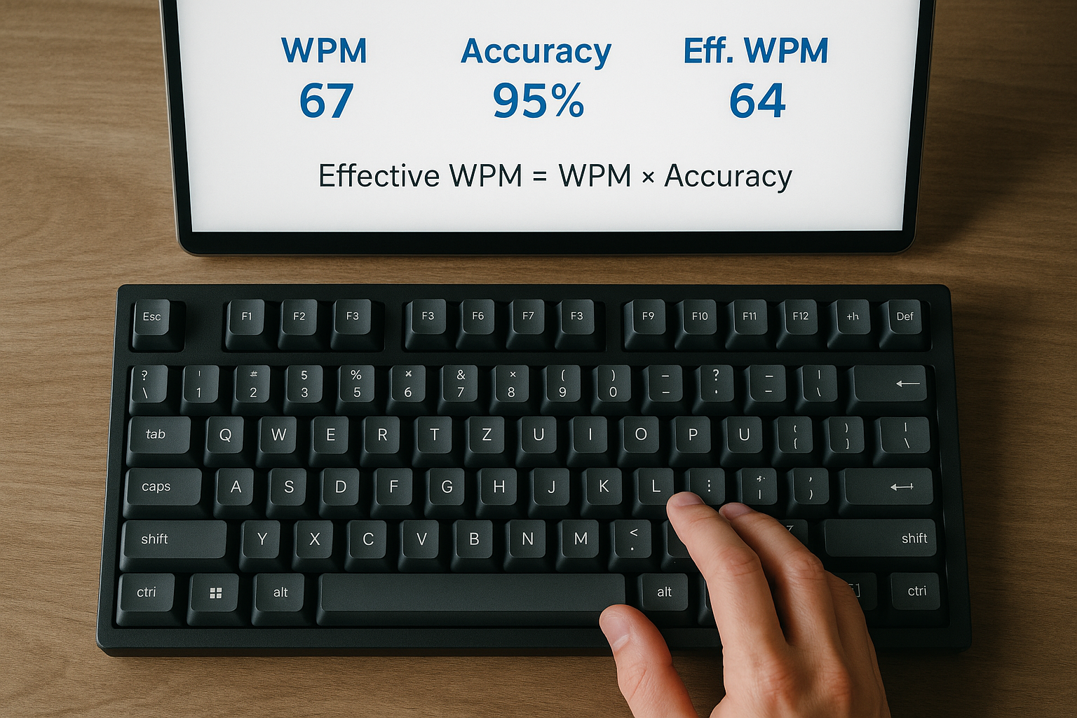 Speed typing test workspace with keyboard and score notes