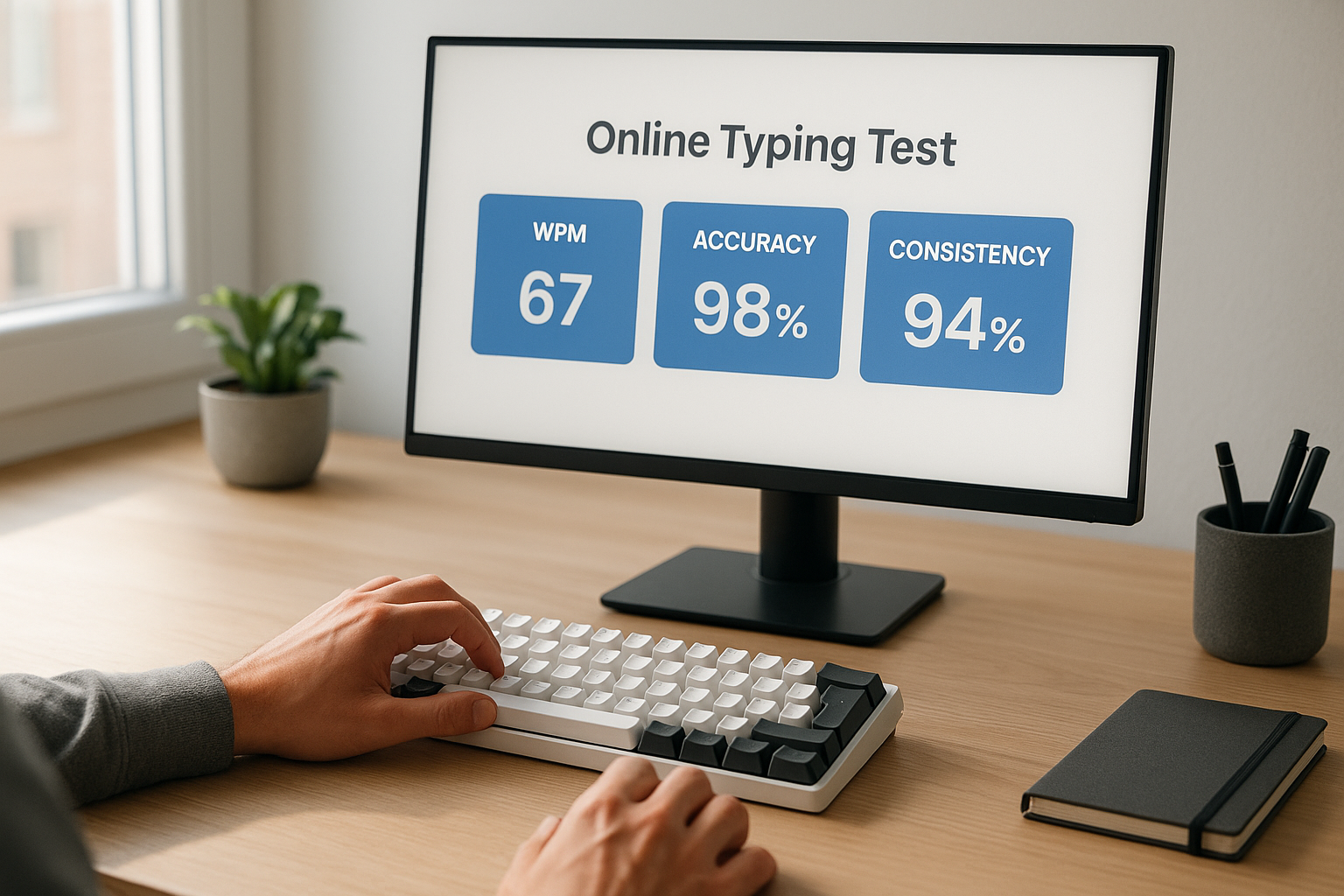Typing test dashboard on a desk with keyboard and score panels