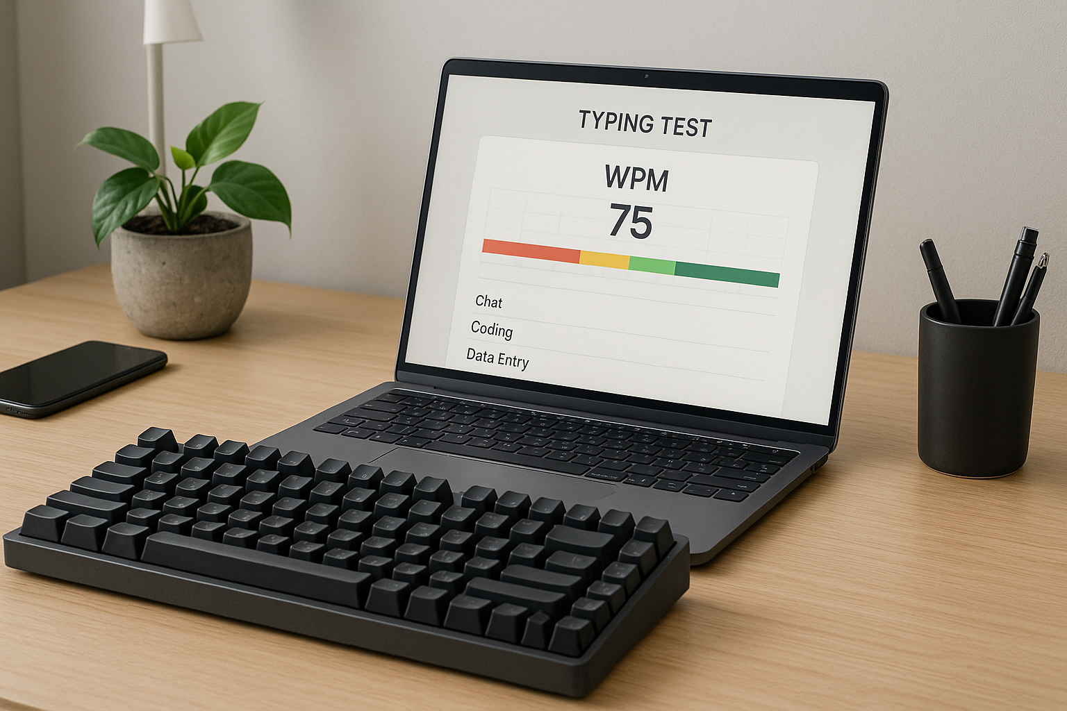 Typing desk with benchmark dashboard on screen