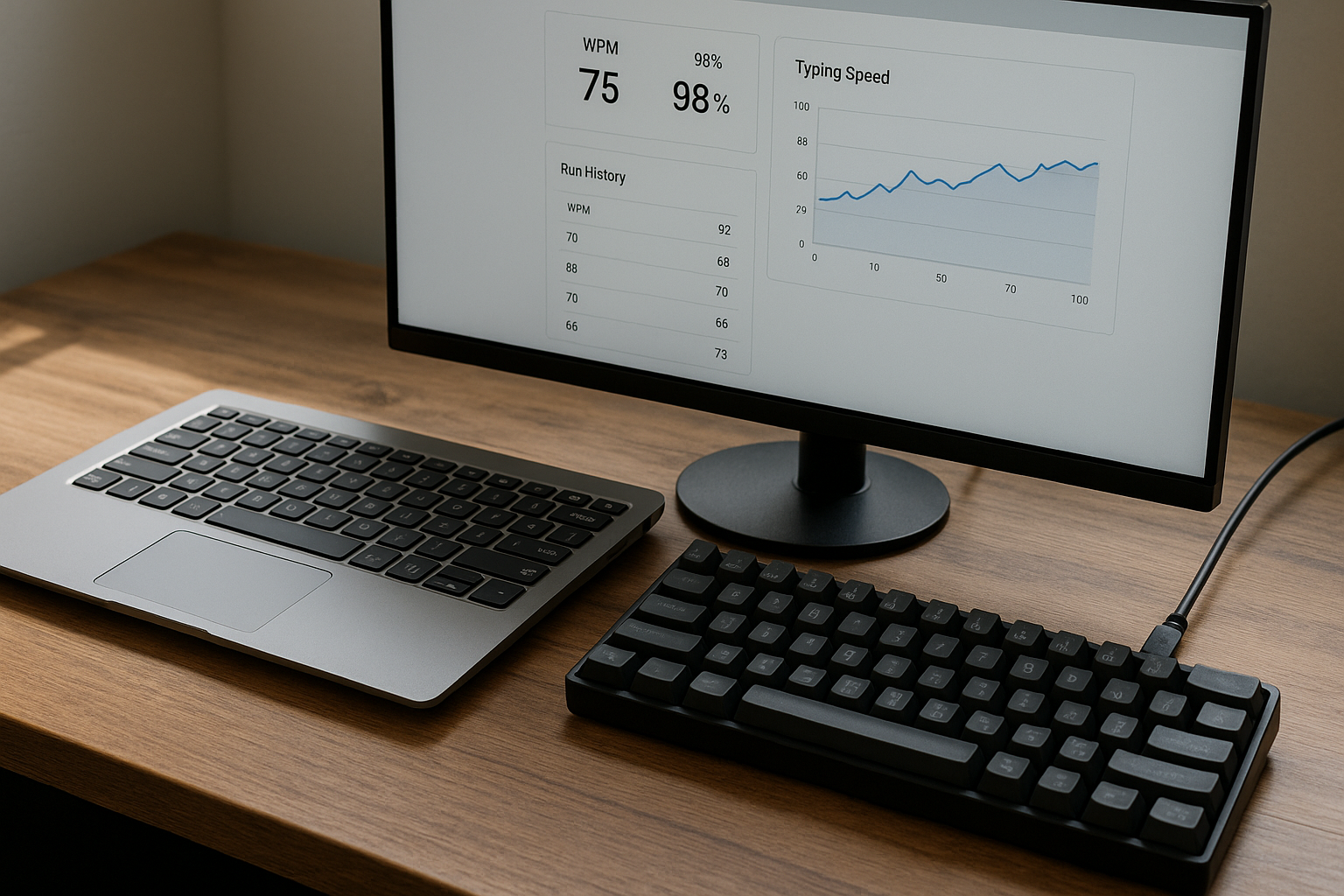 Laptop and mechanical keyboard side by side for typing benchmarks