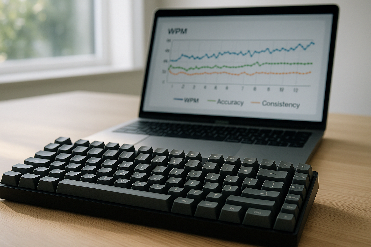 Typing performance dashboard with WPM, accuracy, and consistency trend lines
