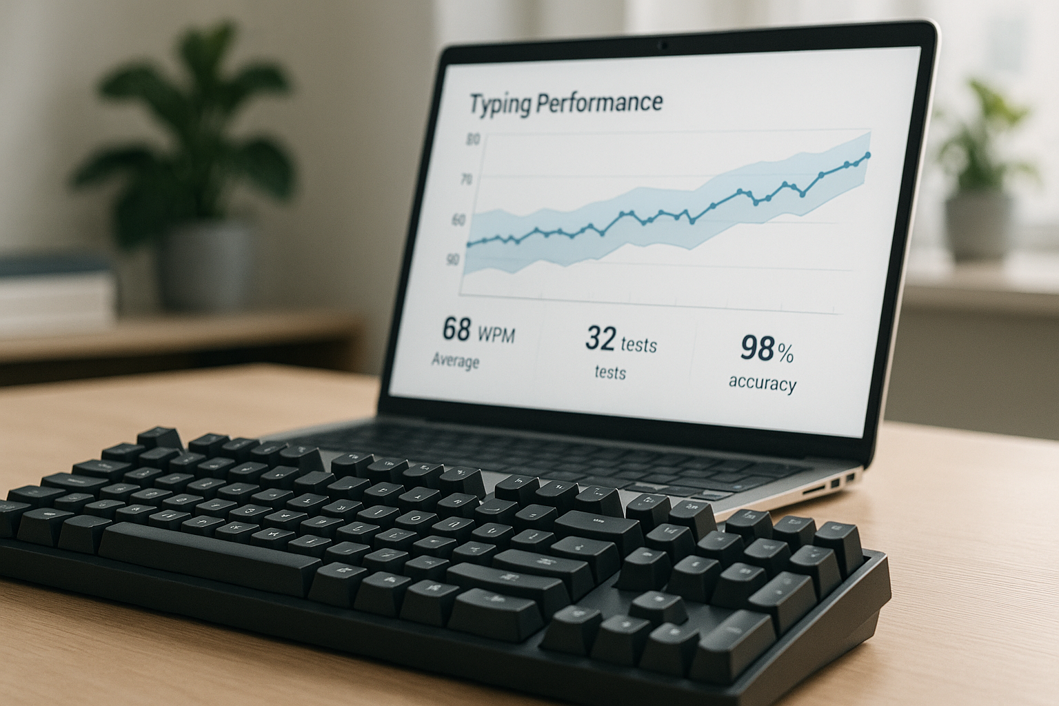 Typing desk with keyboard and analytics dashboard showing WPM confidence bands