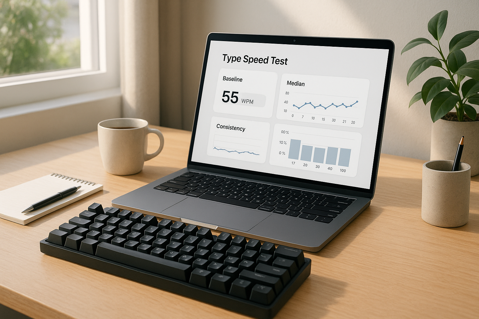Desk setup with typing dashboard and baseline metrics