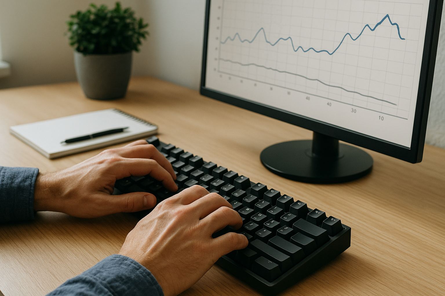 Typing desk setup with speed chart and recovery timeline
