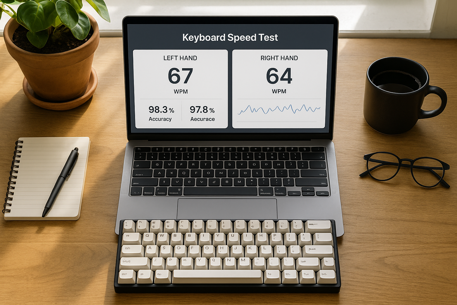 Keyboard speed test dashboard with left and right hand metrics