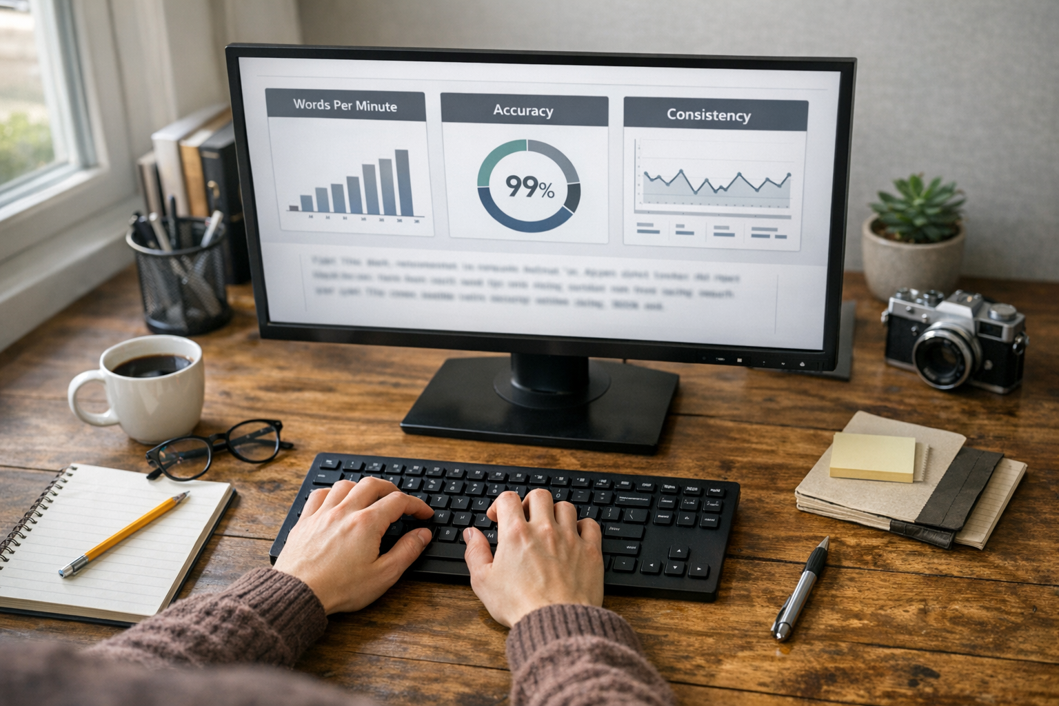 Keyboard typing test dashboard on a desktop setup