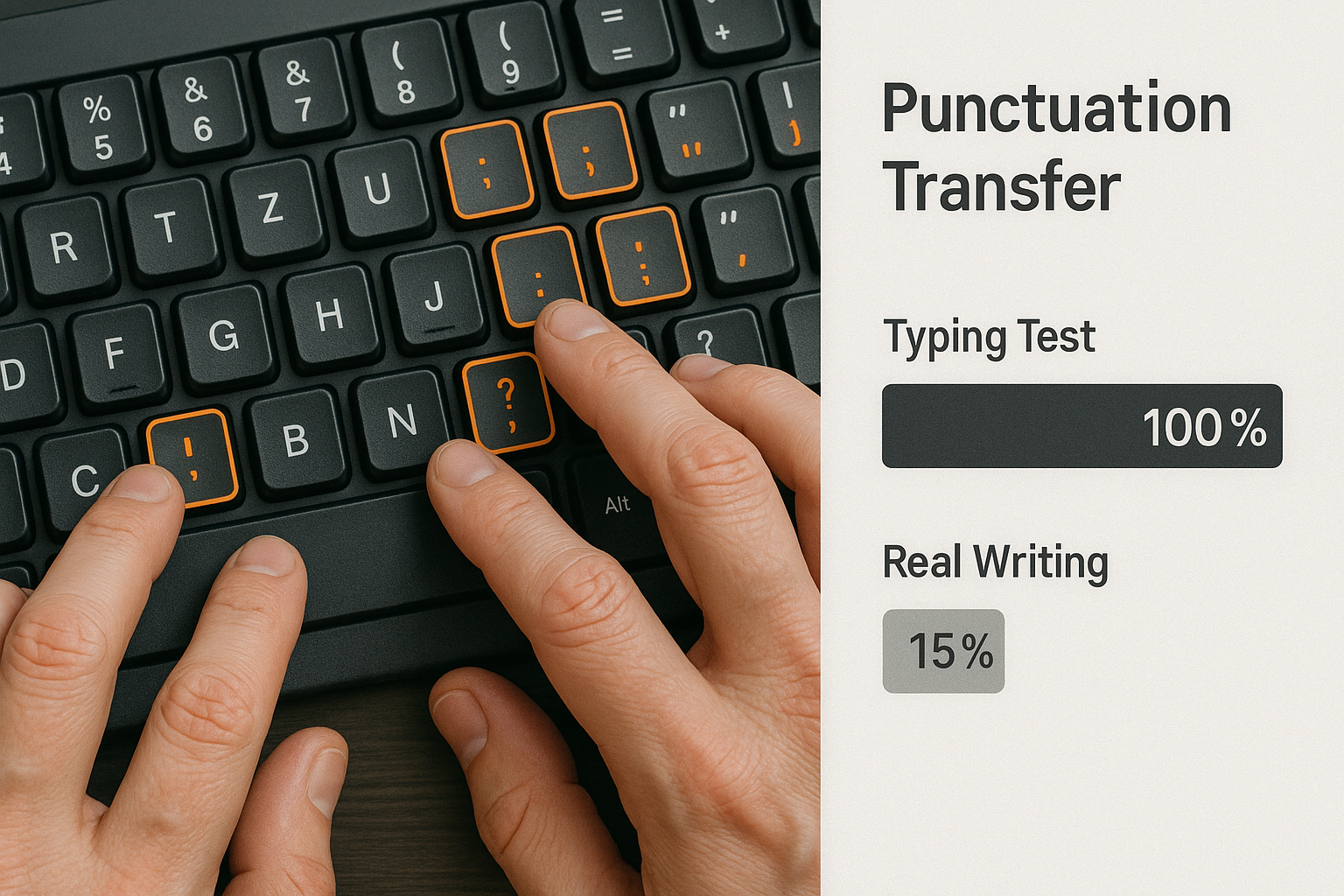Transfer ratio dashboard linking test speed to real writing output