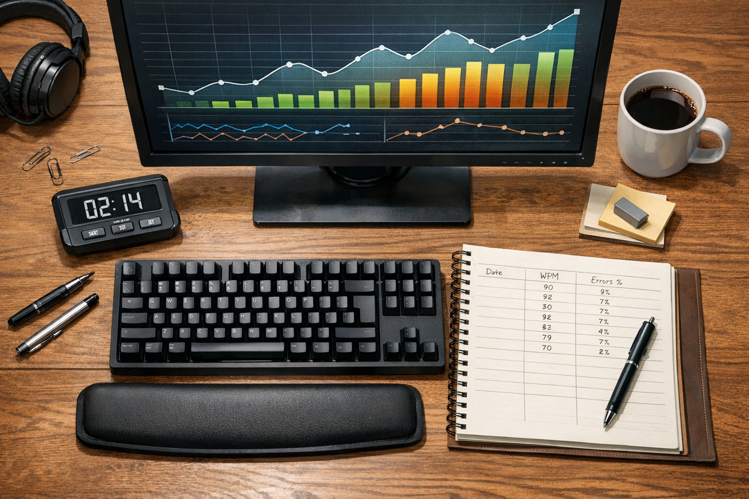 Notebook and keyboard baseline session with tracked WPM and error metrics