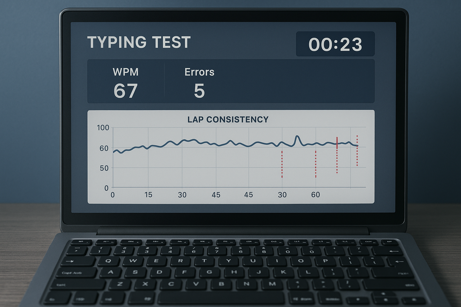 Typing analytics screen showing lap consistency and late run error spikes