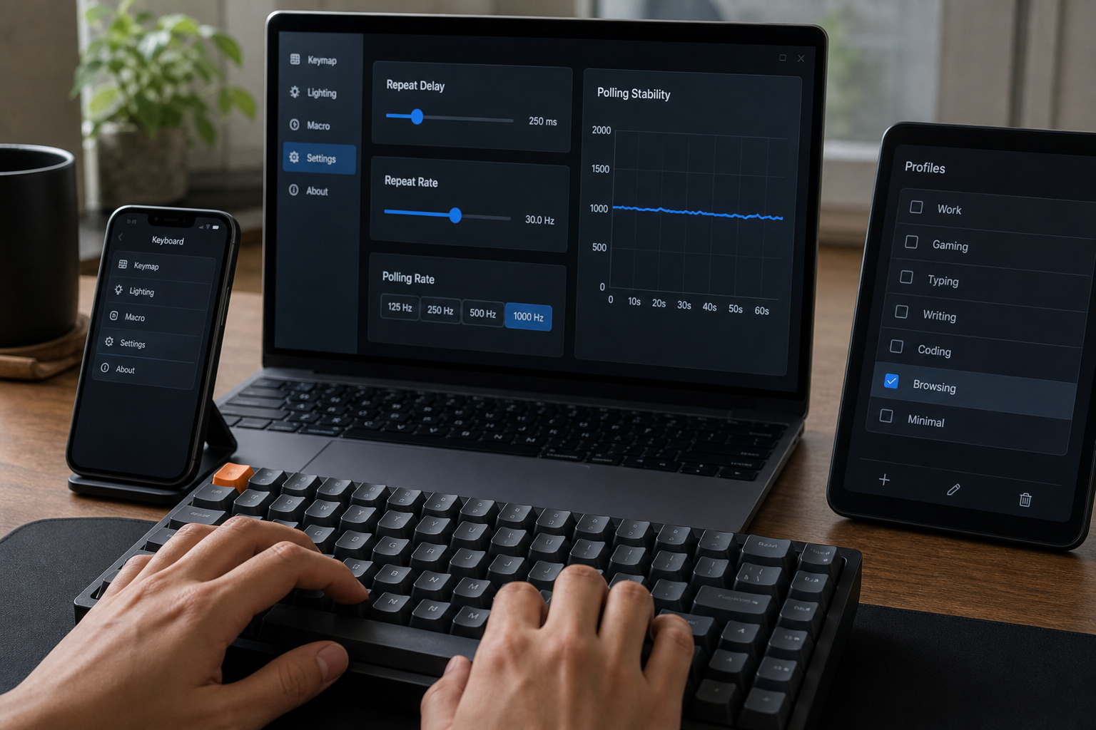 Typing setup checklist with repeat settings polling mode and browser profile controls